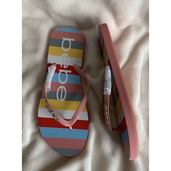 COPY 🌹Women’s Sandals Size 8 MINDEE BEBE LOGO Striped Pink Multi FLIP FLOPS - Picture 8 of 10